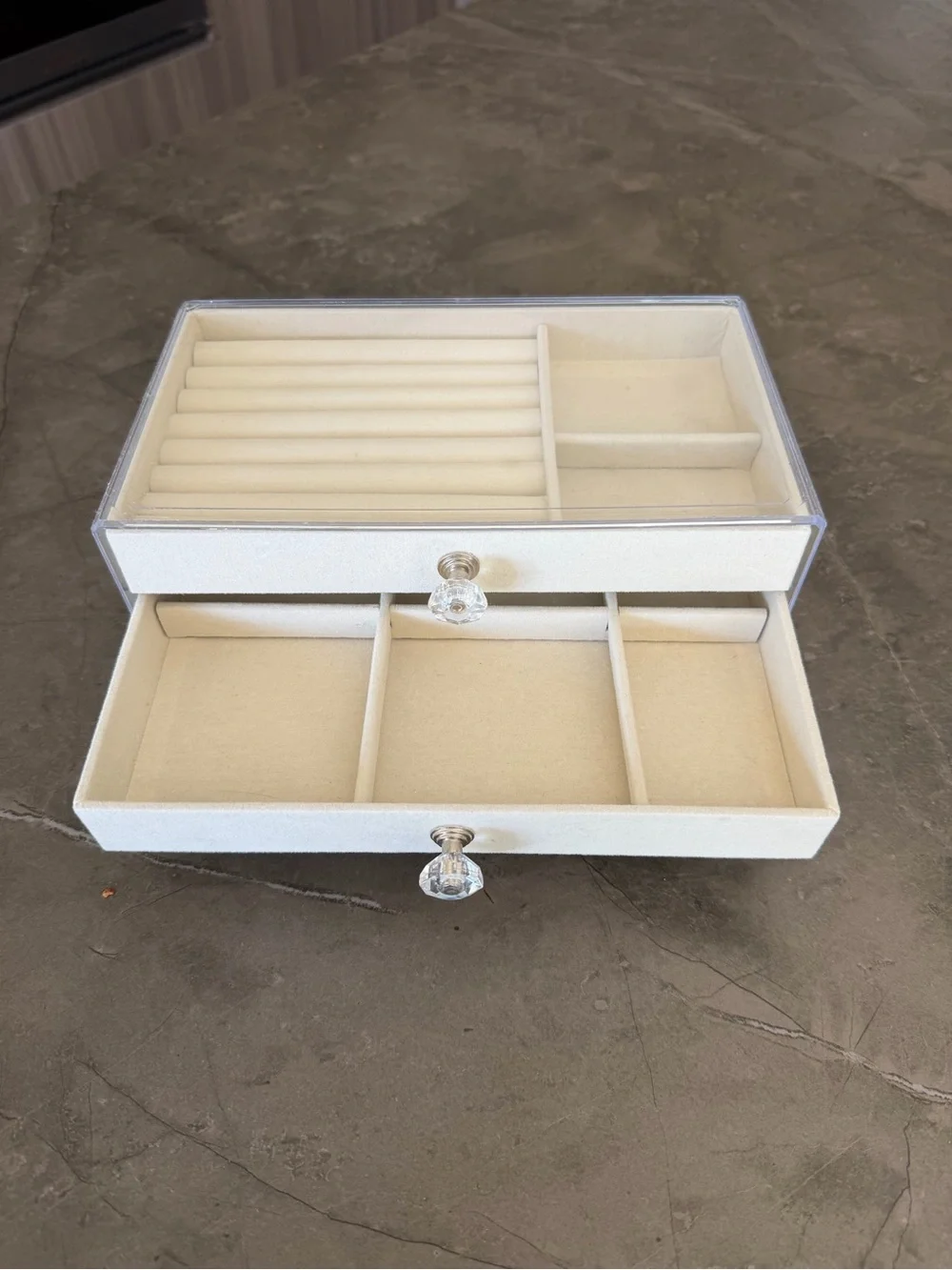 Cream Jewelry Organizer Box with Clear Lid and Crystal Knobs